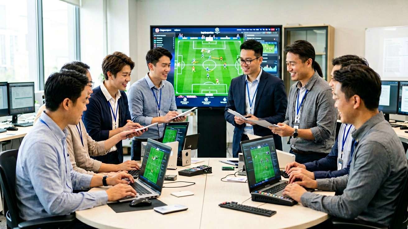赛事分析板块配图，展示战术板与教练团队研究比赛场景